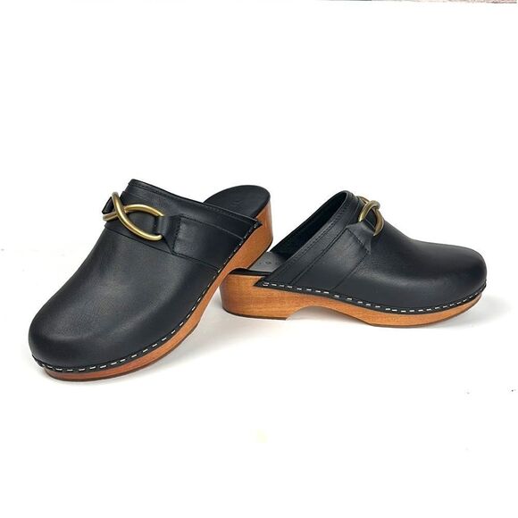 M. Gemi Black Leather Mules with Gold Accent - Picture 2 of 16